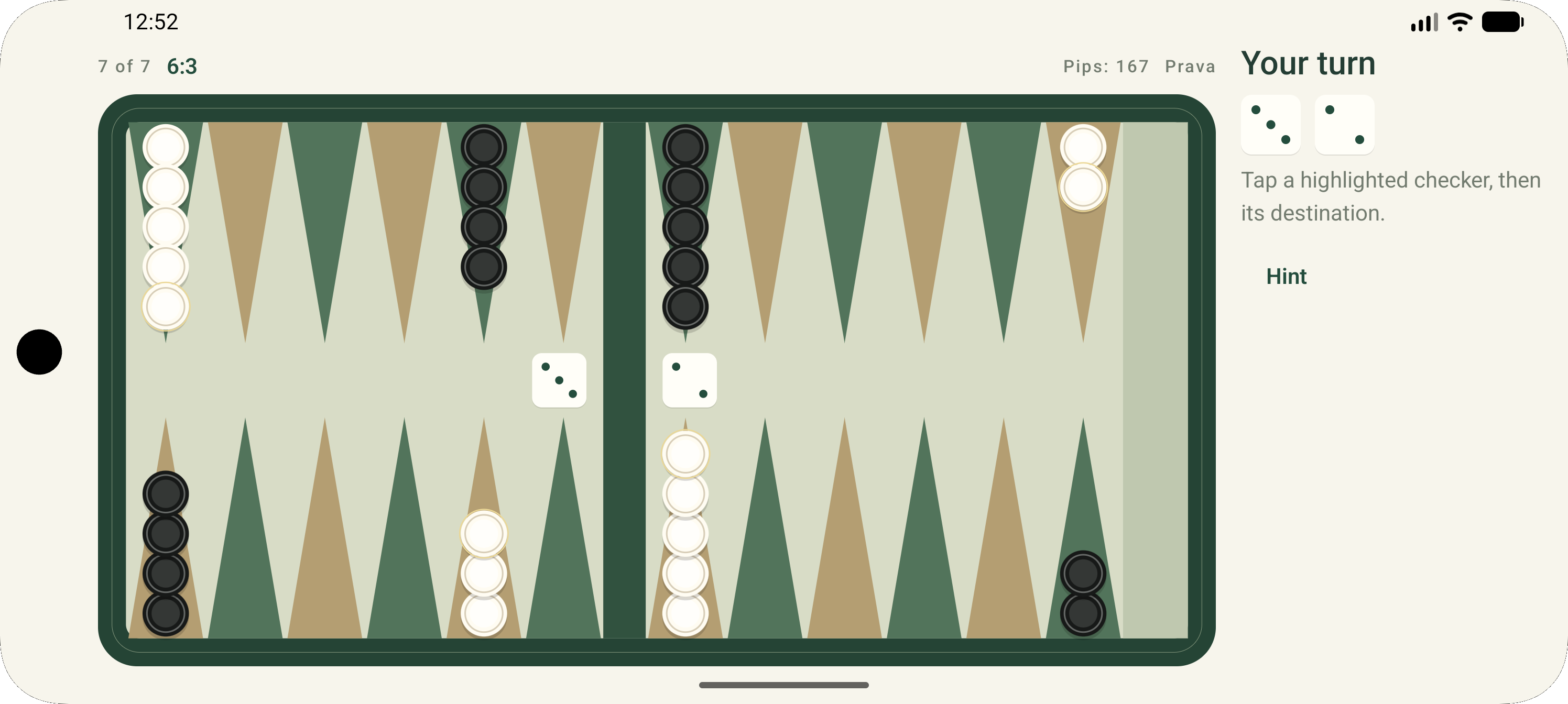 Backgammon-Spielbrett in der horizontalen App-Ansicht