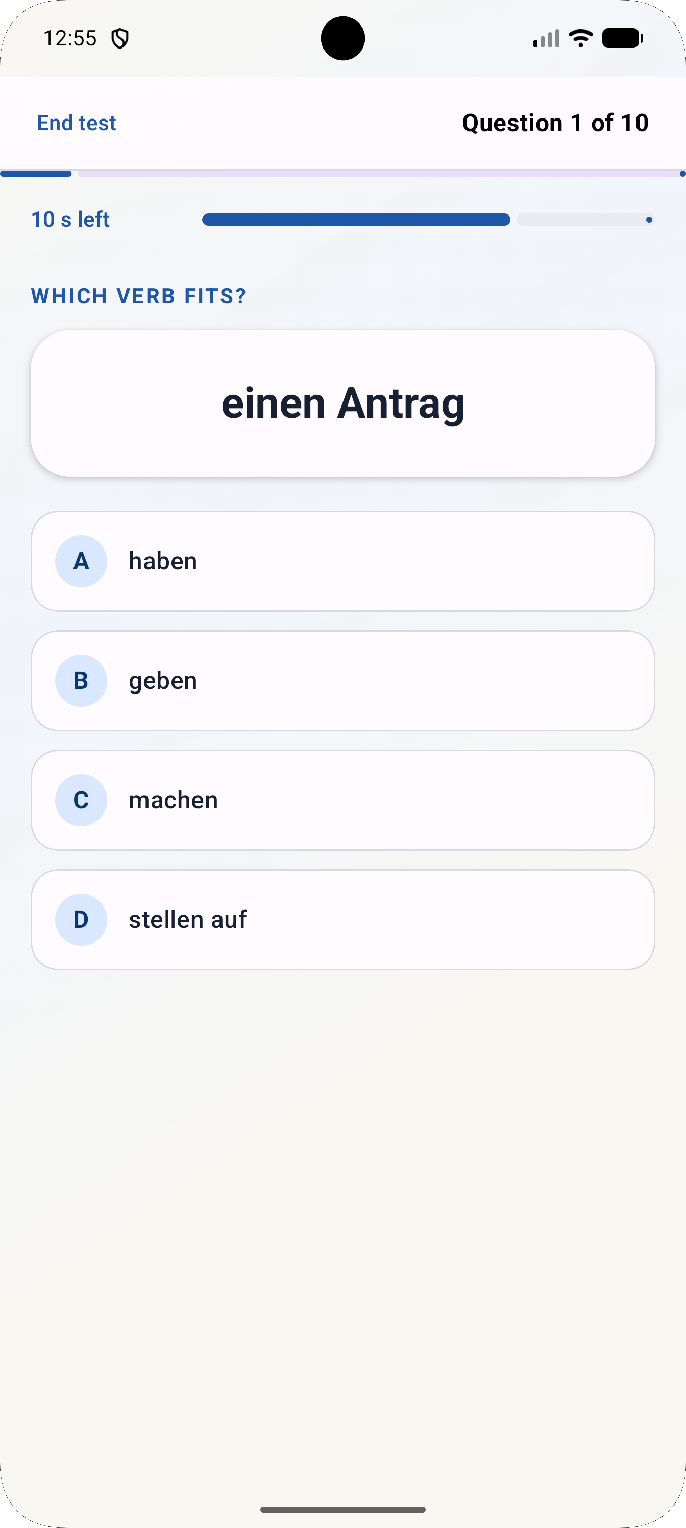Quizansicht der App Deutsche B2 Nomen und Verben mit einer Multiple-Choice-Aufgabe